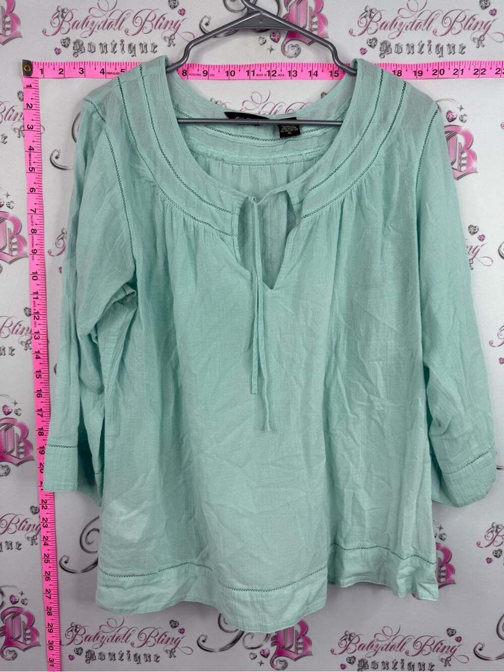 Eddie Bauer blouse blue Mint Green Tie-Neck Peasant Top